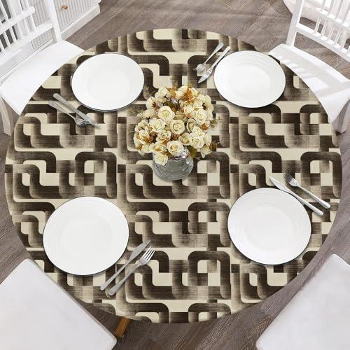 WALL-KNACK Boho Cream Black Geometric Mosaic Abstract Modern Line Round Fitted Tablecloth with Elastic Edge Outdoor Tablecloth Waterproof Table Cover for Picnic Dinner Party Decor Fits 45"-56"