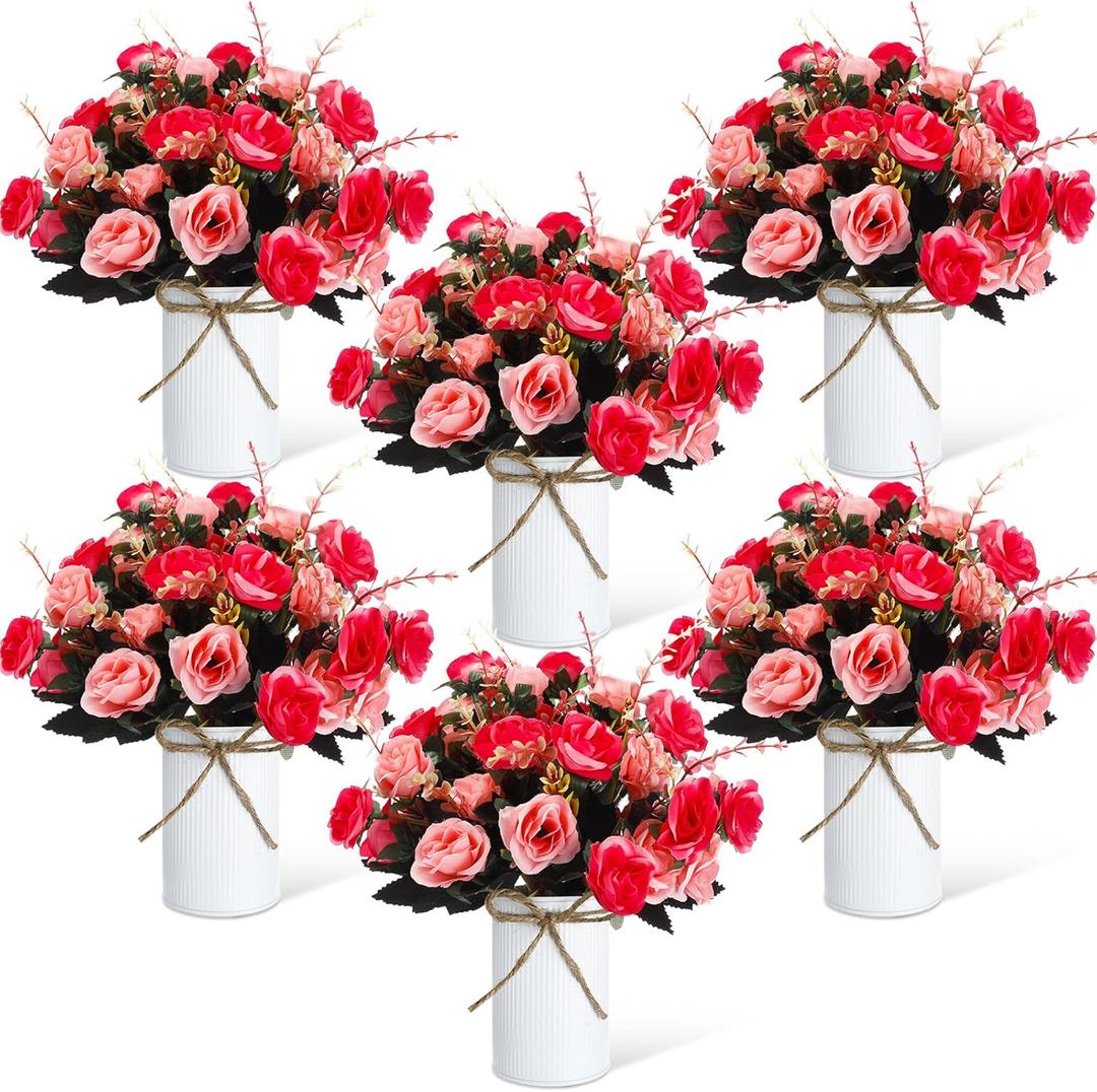 Domensi 6 Sets Wedding Centerpiece for Table Artificial Rose with Vase Fake Bouquets and Metal Pot Floral Arrangements for Mother's Day Holiday Party Event Table Decor (Rose Red)