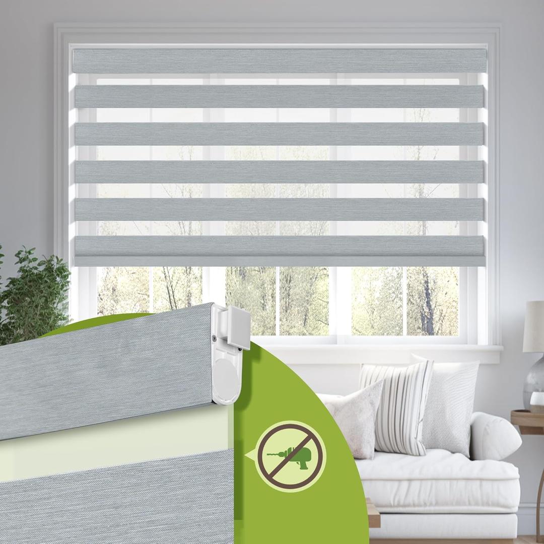 No Drill No Tools Cordless Dual Layer Zebra Blinds for Windows, Blackout Zebra Shade for Indoor Windows,Easy to Install Thermal Insulated Blinds, Light Grey, Custom Size
