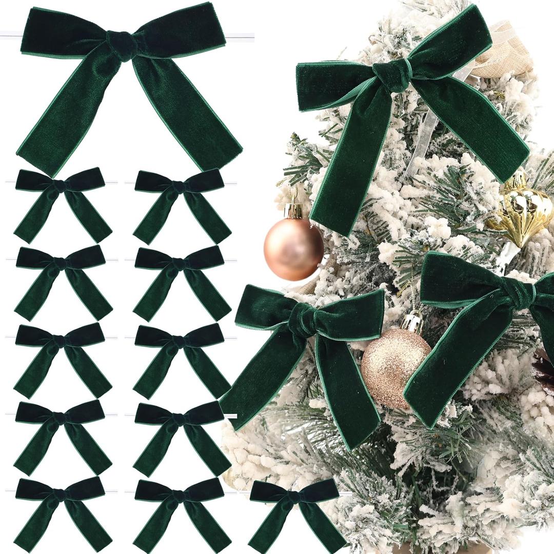 Velvet Bows Christmas Bows Twist Tie Bows 12 PCS Premade Bows for Christmas Tree,Wreaths, Gift Basket, Spring Decor, Gift Wrapping, Swag, Wedding (Dark Green)