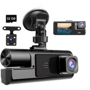 1080P 3 Channel Dash Camera for Car Front and Rear Inside Dashcam Car Video Recorder, 170°Wide Angle Vehicle Cam, WDR, G-Sensor, 2’’ IPS Screen, Loop Recording, Night Vision(3Channel Dash Cam With 32G Card)