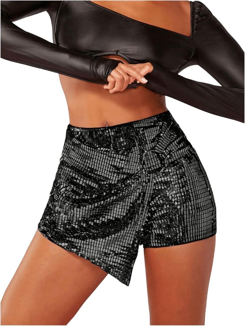 SHENHE Women's Glitter Shiny Shorts O Ring Wrap Skort Skirt Party Rave Sparkle Shorts (Black) S