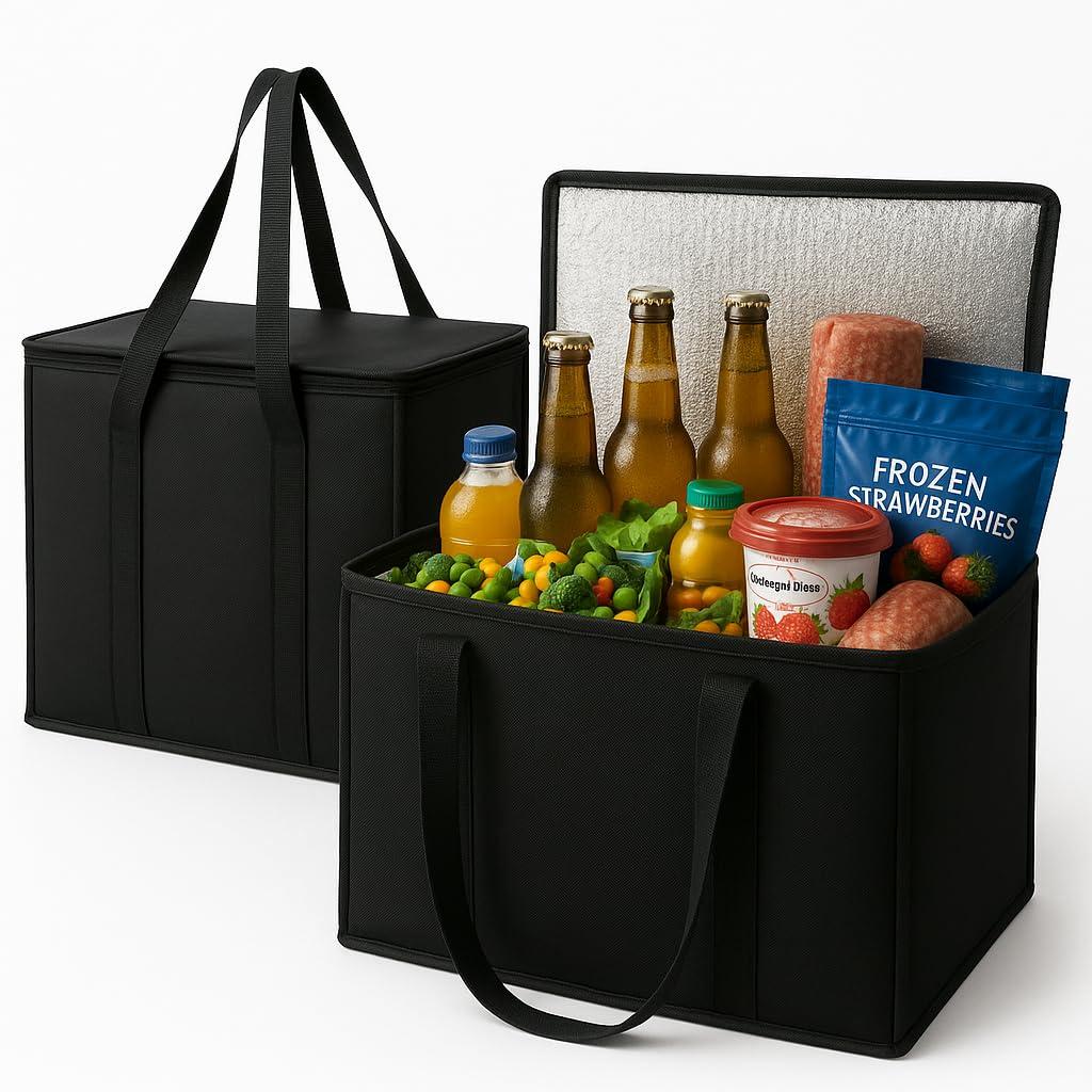 musbus 2-Pack, XL-Large Insulated Grocery Shopping Bags, Black, Reusable Bag,Thermal Zipper,Collapsible,Tote,Cooler,Food Transport hot and Cold,Camping