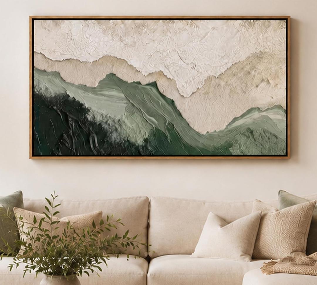 Large Framed Sage Green Wave Textured Living Room Canvas Wall Art, 48"L x 24"W
