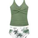 Shallmu Girl Bathing Suit Teen Swimsuits for Girls 13-14 Years Two Piece Green Modest V Neck Ribbed High Waisted Tropical Print Girl's Swimwear Tankini Set, 13-14Y