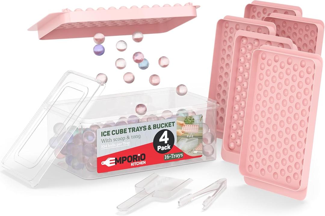 Emporio Kitchen Round Ice Cube Tray Set Pack of 4, BPA-Free Stackable Trays with Lid & Tongs, 104 Ice Balls Per Tray for Whiskey, Drinks, and Cocktails, Quick Release Round Ice Cube Mold, Pink