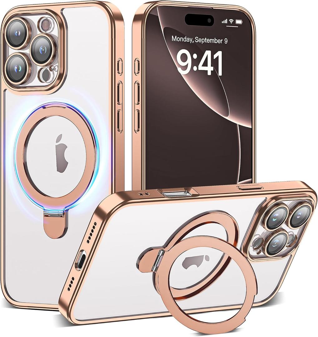 Compatible with iPhone 16 Pro Case with Magnetic Ring Stand [Camera Len Protectors][Compatible with Mag-Safe] Clear Plating Phone Case for iPhone 16 Pro 6.3",Desert Gold