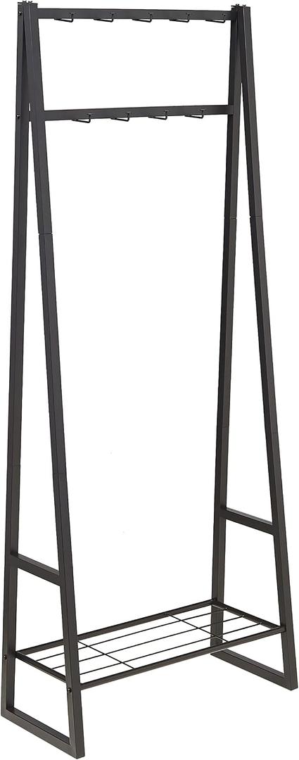 Amazon Basics 9 Hooks Coat Rack, Freestanding Entryway Shoe Bench with Metal 1-Tier Storage Shelf, Space Saving for Hallway and Bedroom, 13" D x 27.6" W x 69" H, Black