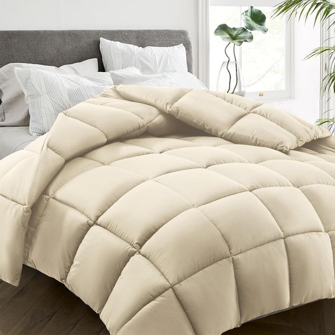 HYLEORY All Season Queen Size Bed Comforter - Cooling Down Alternative Quilted Duvet Insert with Corner Tabs - Winter Warm - Machine Washable - Beige