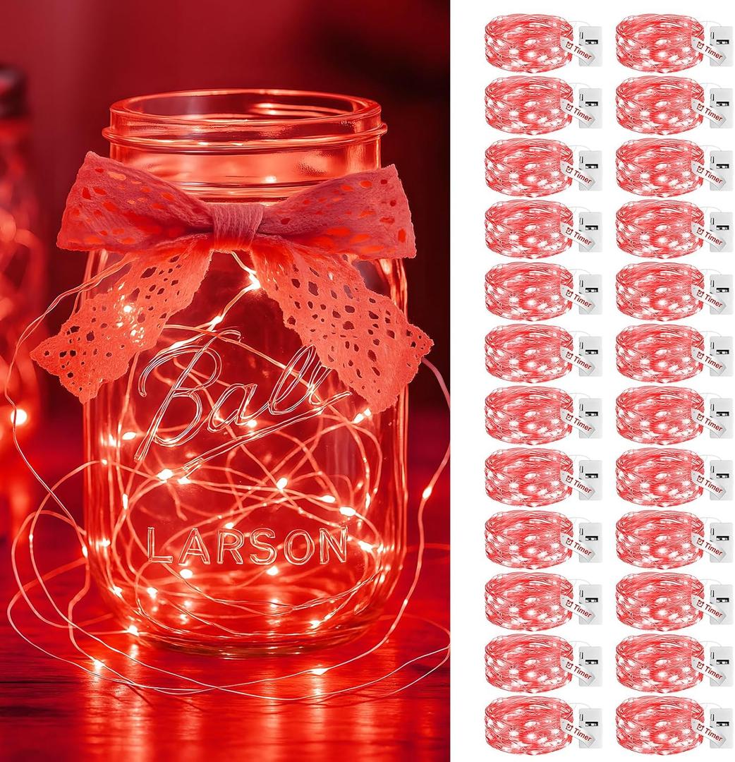 litogo 24 Pack Red Fairy Lights Battery Operated with Timer, 20 LED 3 Modes Twinkle Light, 7ft Waterproof Silver Wire Mini Small Bulk Mason Jar String Light, Decor for Wedding Party Christmas