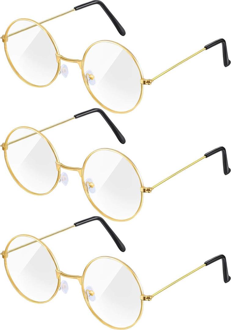 Frienda 3 Pairs Old Man Costume Santa Glasses Gold Round Clear Lens Glasses for Men Women Christmas Dress Up Accessories