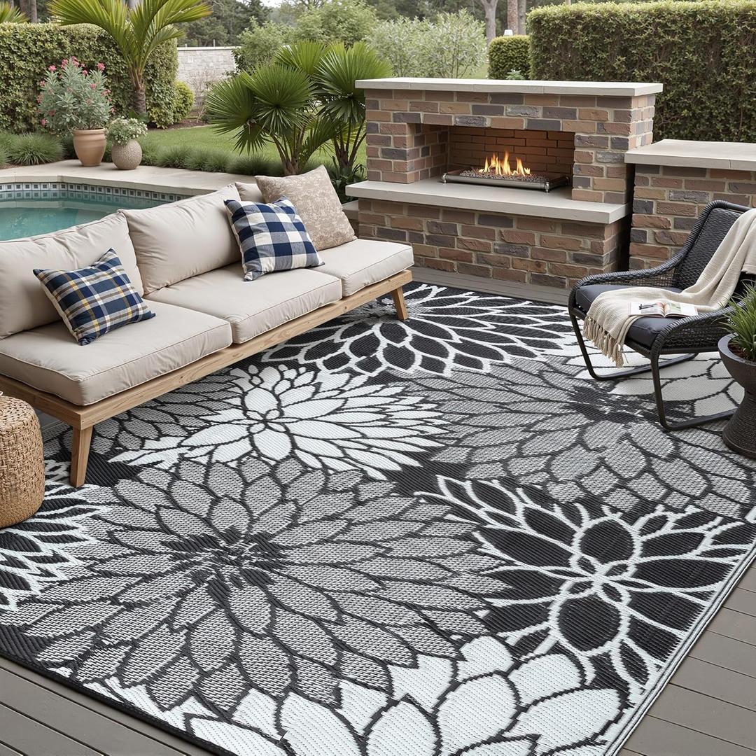 HUGEAR 8'x10' Outdoor Rug Waterproof Plastic Straw Rugs Large Black Reversible Floral Mat Floor Carpet for Camping RV Deck Entryance Porch Picnic Balcony Beach Backyard