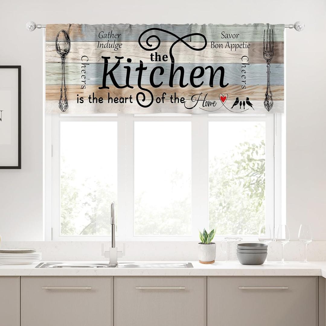 Riyidecor Farmhouse Valance Kitchen Curtains Rustic Teal Wooden Board Country Fork and Spoon Retro Vintage Wood Rod Pocket Funny Quotes Bedroom Living Room Treatment Fabric 1 Panel 52Wx18H Inch
