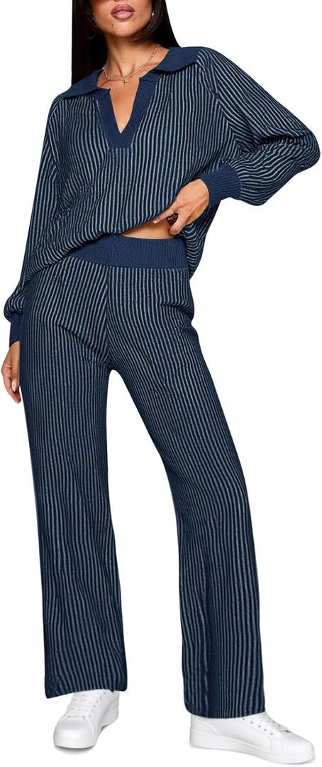 Fisoew Womens 2 Piece Outfits Striped Lounge Sets Knit V Neck Sweaters Casual Wide Leg Pants Loose Fall Clothes (Small)