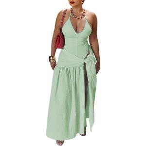 Womens Summer 2 Piece Maxi Skirt Sets Sexy Halter V Neck Backless Thong Bodysuits Wrap Beach Cover Ups Vacation Outfits (XL)