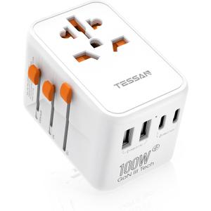 TESSAN Universal Travel Adapter 100W GaN, International Power Adapter with 5 USB(3 USB C) Charging Ports, Worldwide Outlet for US to European Europe UK AUS Ireland(Type C/G/A/I)