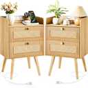 Nightstands Set of 2 with Charging Station, Modern Boho Rattan Bedside Tables with 2 Drawers, Solid Wood Legs, Open Storage End Tables for Bedroom Living Room Dorm  Natural
