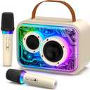 Karaoke Machine for Kids and Adults, Mini Portable Bluetooth 5.3 Karaoke Speaker with 2 Wireless Microphones, Popular Birthday Gifts for Girls Age 3-12+, Singing Machine with Party Lights (Beige)