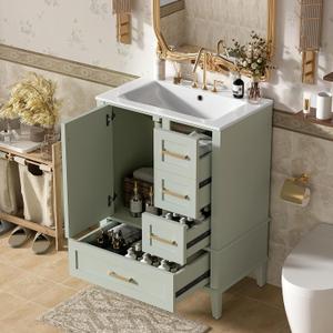 Favfurish 24.8" Bathroom Vanity with Ceramic Sink, Freestanding Bathroom Cabinet with Soft-Close Door, 3 Drawers & Spacious Storage, Solid Wood Frame and MDF, Modern Green Vanity for Small Bathrooms, 24in