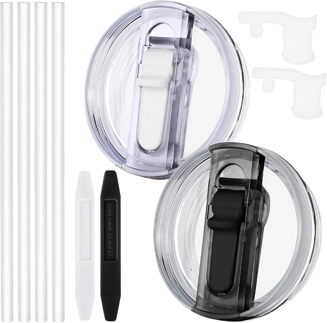 2 Pcs Spill Proof Tumbler Flip Straw Lid for Stanley Cup, 30oz Leak Proof Lid for Stanley H2.0 Quencher ProTour, with Removable Nozzle (White+Black)