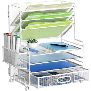 4-Tier Paper Organizer + 3-Pocket File Holder + Drawer + Pen Holders, Desktop File Organizers Paper Tray for Office Supplies School Classroom Organization (White, with Drawer & Pen Holder)