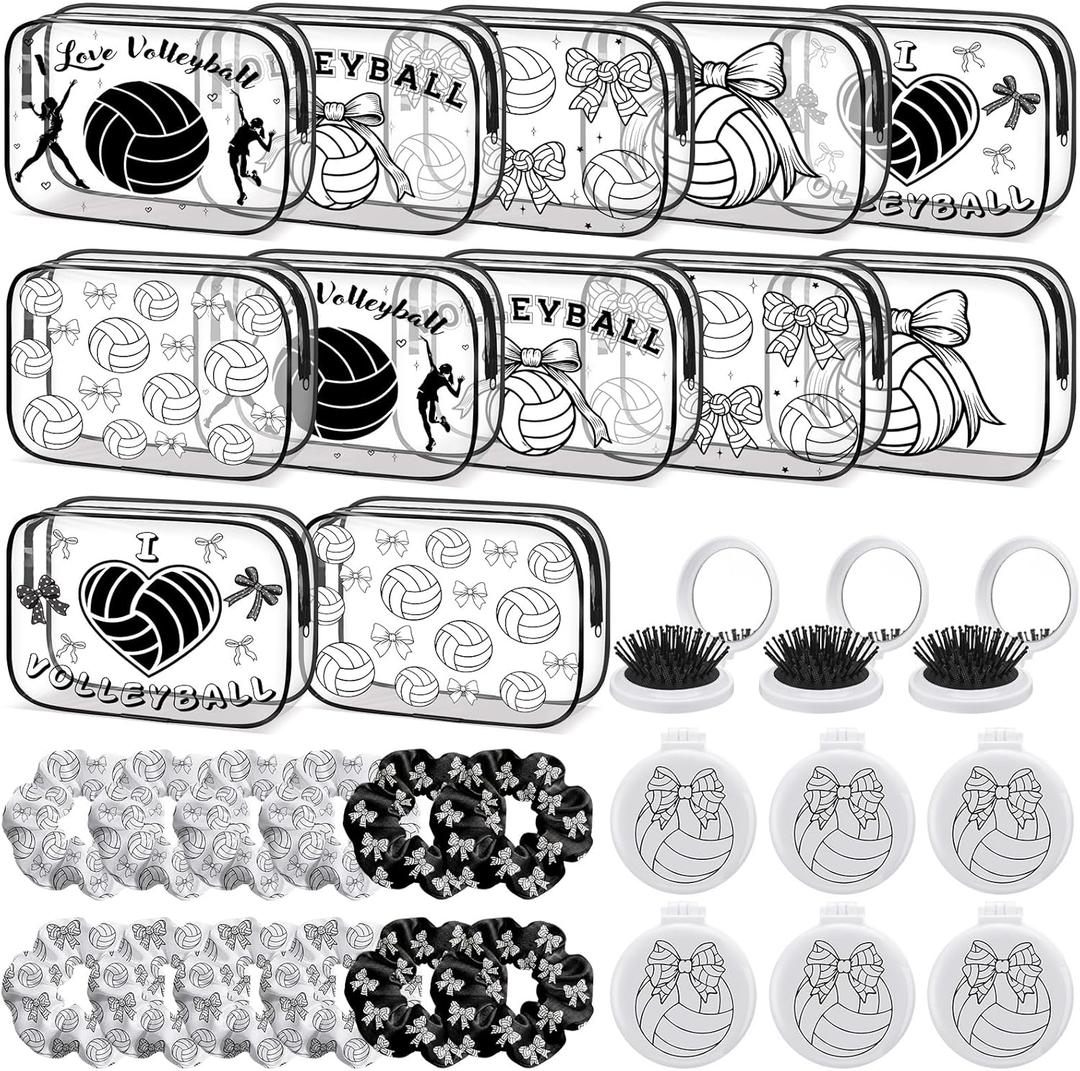 36 Pcs Volleyball Gifts for Girl 12 Black White Volleyball Makeup Bag Bulk Bow Cosmetic Bag Sport Team Gifts with 12 Sport Hair Scrunchies 12 Round Portable Folding Brush Mirror for Team