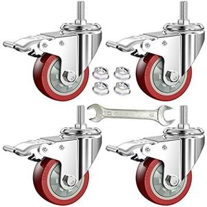 DICASAL 3 Inch Heavy Duty Stem Casters 360 Degree Swivel Thread Wheels with Metric Size M12-1.75 Screw Bolt Double Locking Brake Castor Wheel Load Capacity Upto 900 Lbs Pack of Three