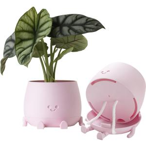 TOPOLA Happy Face Planter, 5.2 Inches Plastic Plant Pot, Self Watering Plant Pot with Drainage Holes for Indoor Outdoor, Succulent Pot, Funny Flower Pot, Sakura