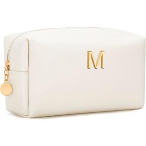 Gifts for Women Bridesmaid Gifts Personalized Initial Makeup Bag PU Leather Cosmetic Waterproof Travel Toiletry Bag (Beige M)