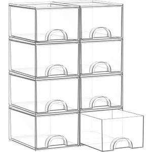 8 Pack Small Clear Stackable Acrylic Storage Boxes for Art Tool & Sketch, Storage Drawers, Storage Organizer, Clear Plastic Makeup Organizer, Ideal for Vanity, Cabinet, Desk Organization