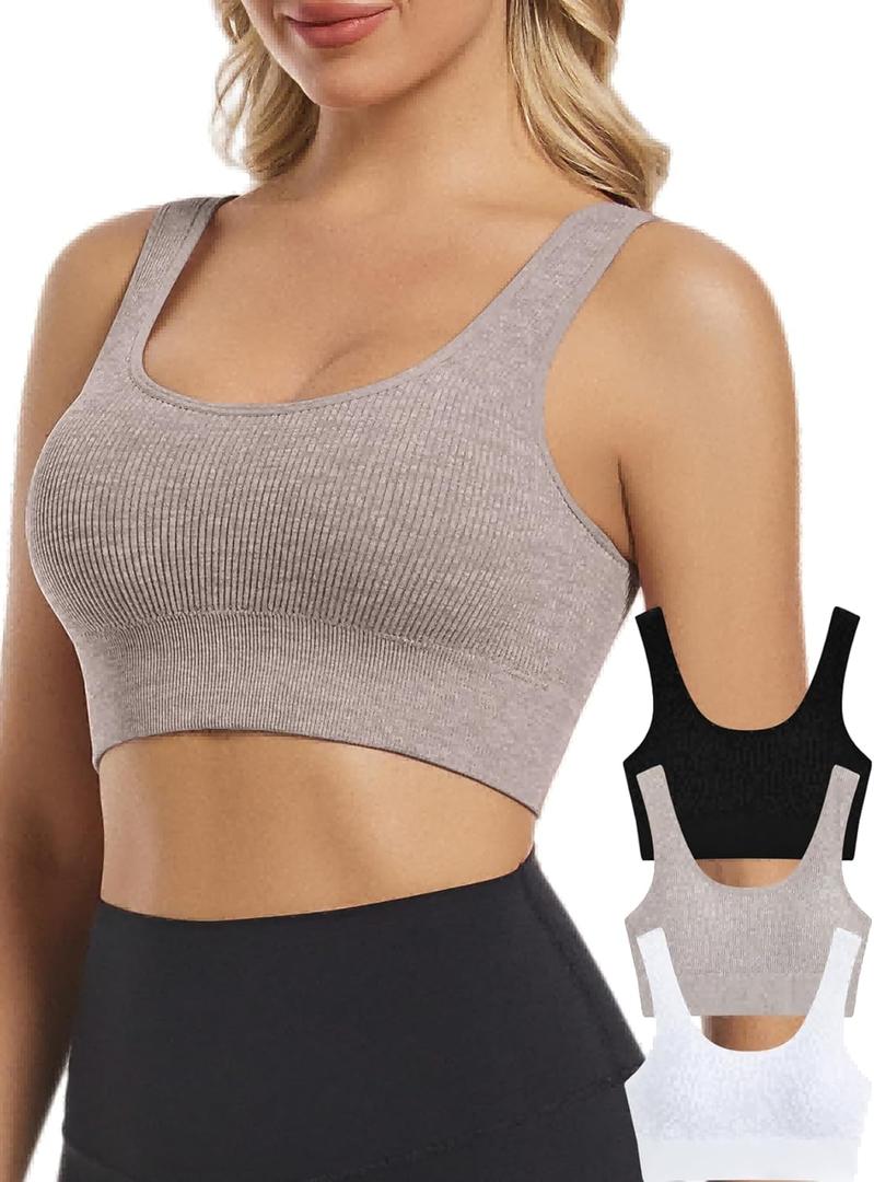 Chilylori Seamless Sports Bras for Women Pack of 3 Ribbed Sports Bra Workout Tops Cropped Tank Top Comfort Padded Yoga (X-Large, 3 Pack-black+white+cream Heather)