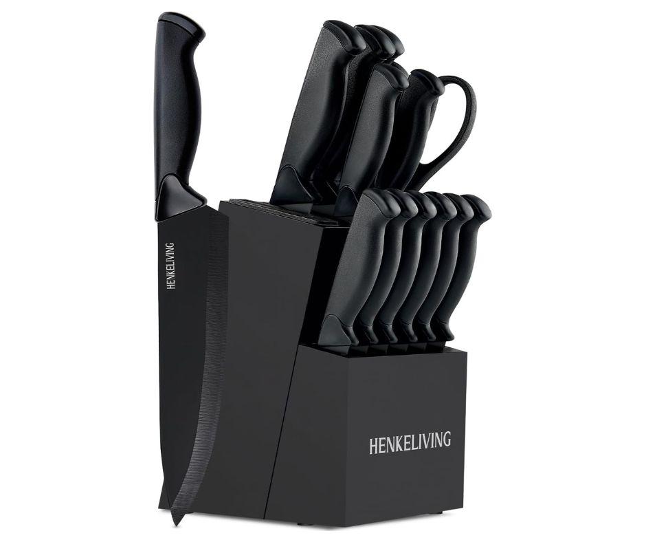 12 Slot Kitchen Knives Block, Natural Wood Knife Holder without Knives Hard Wood Countertop Knife Storage with Built-in Knife Sharpener - Black