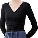 Women's Yoga Dance Crop Long Sleeve Blouse Adult V Neck Front Cross-Back Lace-up Top (Black) S