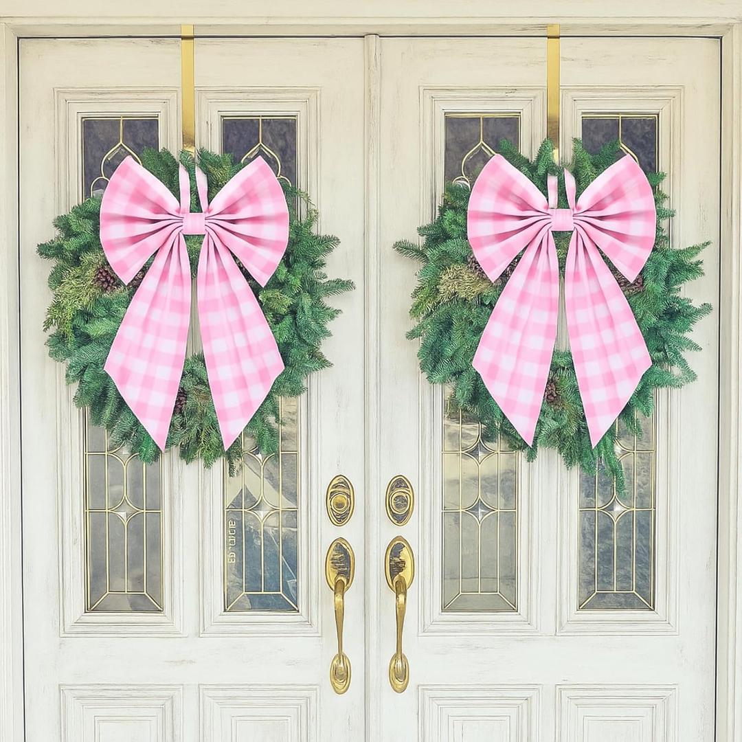 Suncalla 2 Pcs Pink Plaid Wreath Bow 19.6'' x 11.8'' Coquette Front Door Hanger Cute Bow Wreath Accessories Xmas Party Yard Doorway Indoor Outdoor Wall Decoration