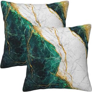 Emerald Green Gold Marble Throw Pillow Covers 16x16 Inches Set of 2, Decorative Pillow Case Square Cushion Covers for Sofa Bed Couch Living Room