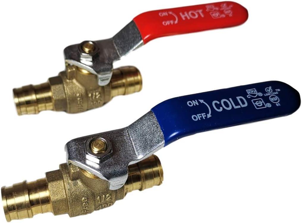 2 Pieces XFITTING 1/2" Pex A Expansion Ball Valve, 1 Red/Hot and 1 Blue/Cold, Pex A Pipe, Full Port, Brass