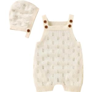 LAWKUL Baby Knit Romper Sleeveless 100% Cotton Jumpsuit with Hat Newborn Outfits Overall Bodysuit One Piece 2pcs (6-12Months, Cream1)