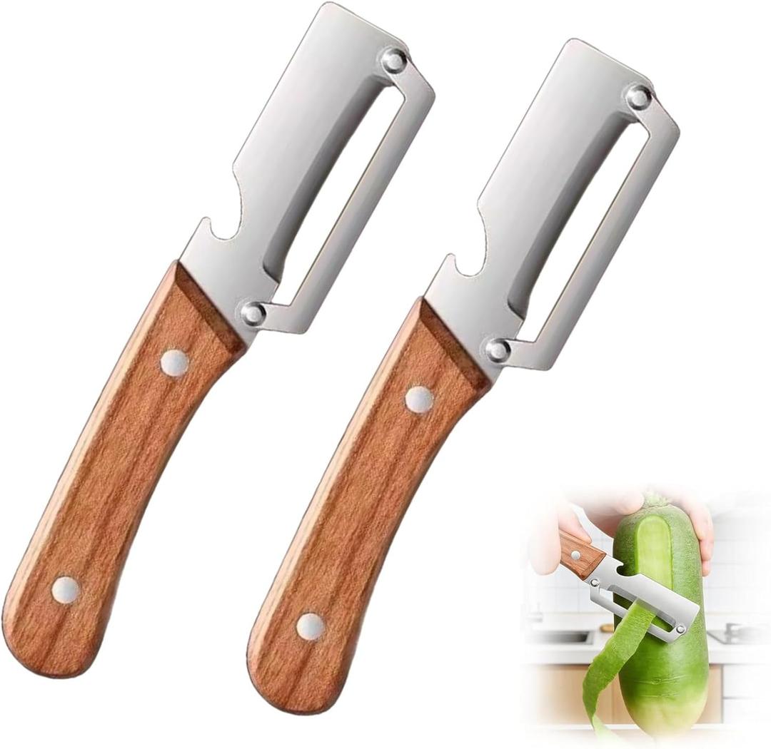 2PCS Multi-Functional Vegetable Peeler for Kitchen, Premium Vegetable Peeler with Wooden Handle and Bottle Opener, Multifunctional Vegetable Peelers Stainless Steel Blade Kitchen Tool