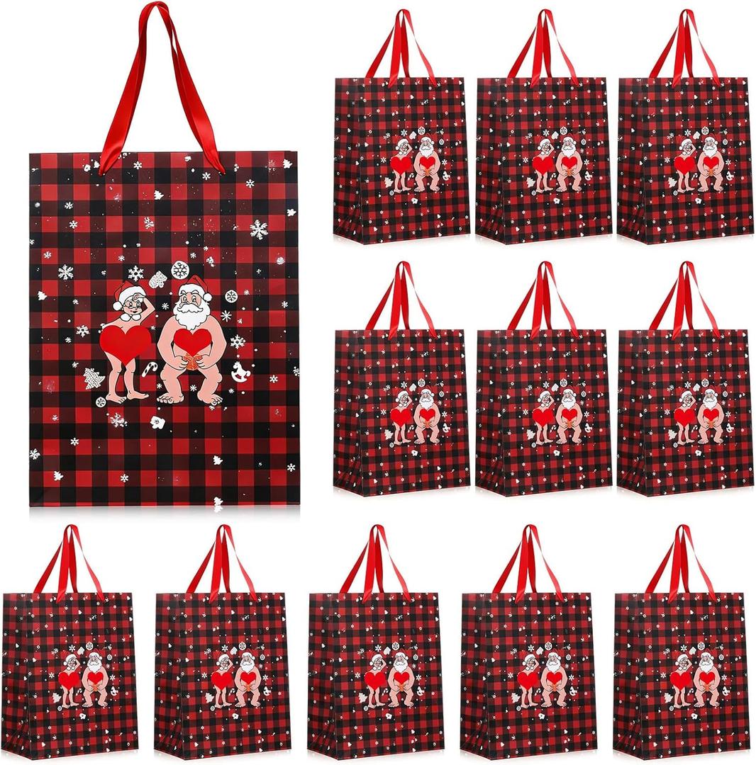 ForraFun 12 Pcs Funny Christmas Paper Bags Naughty Red Black Plaid Santa Gifts Bags for Women Men Husband Wife Holiday Xmas Party Favor