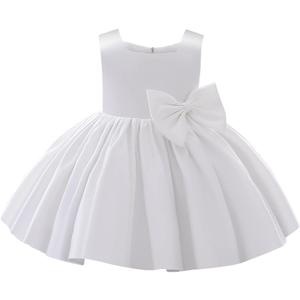 IDOPIP Flower Girl Bowknot Tutu Dress for Kids Baby Princess Wedding Bridesmaid Birthday Party Pageant Baptism Dresses (Size 80, White)