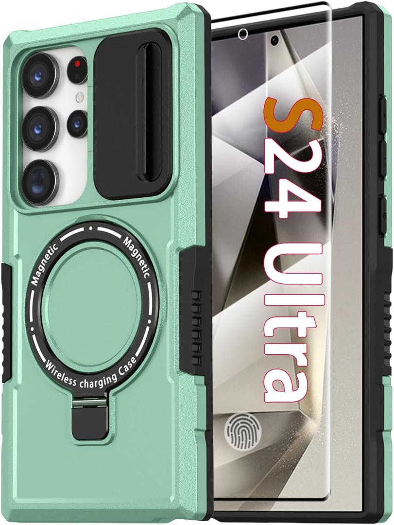 Magnetic Case for Samsung Galaxy S24 Ultra, with Ring Stand [Glass Screen Protector] [Compatible with MagSafe] Military Grade Case with Camera Cover, Shockproof Cover for Samsung S24Ultra, Light green