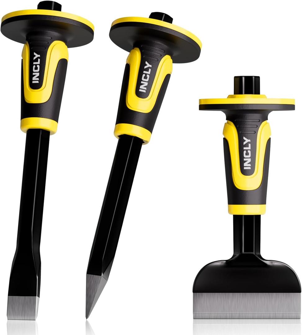 INCLY 3PCS Masonry Chisel Set with Hand Guard, Stone and Rock Chisel, Heavy Duty Concrete Chisel Tools Including 11 Inch Point & Flat, 8 Inch Brick Chisels for Breaking Splitting Cutting