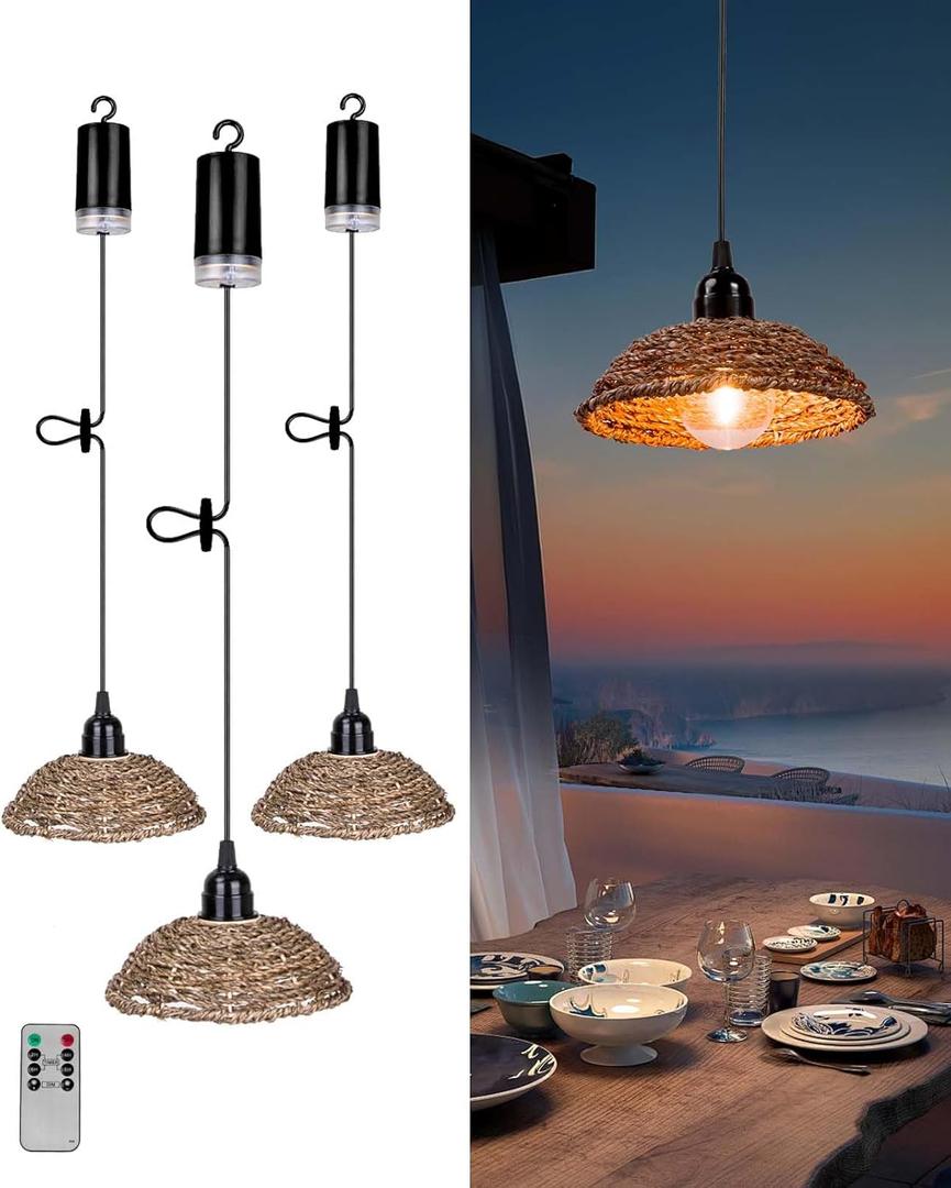 Outdoor Chandelier Lights Waterproof, Battery Operated Pendant Lights for Gazebo, Pergola, Patio, Porch, IP65 Weatherproof (Pack of 3)