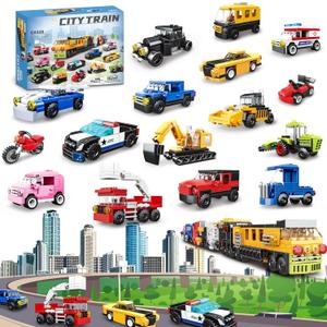 16 Pack Building Blocks Party Favors for Kids, Lego-Compatible 2 in 1 710pcs Building Kits Mini City Vehicles Include Police Car & Train, Christmas Toy Gifts Goodie Bag Filler Stuffers for Boys Girls