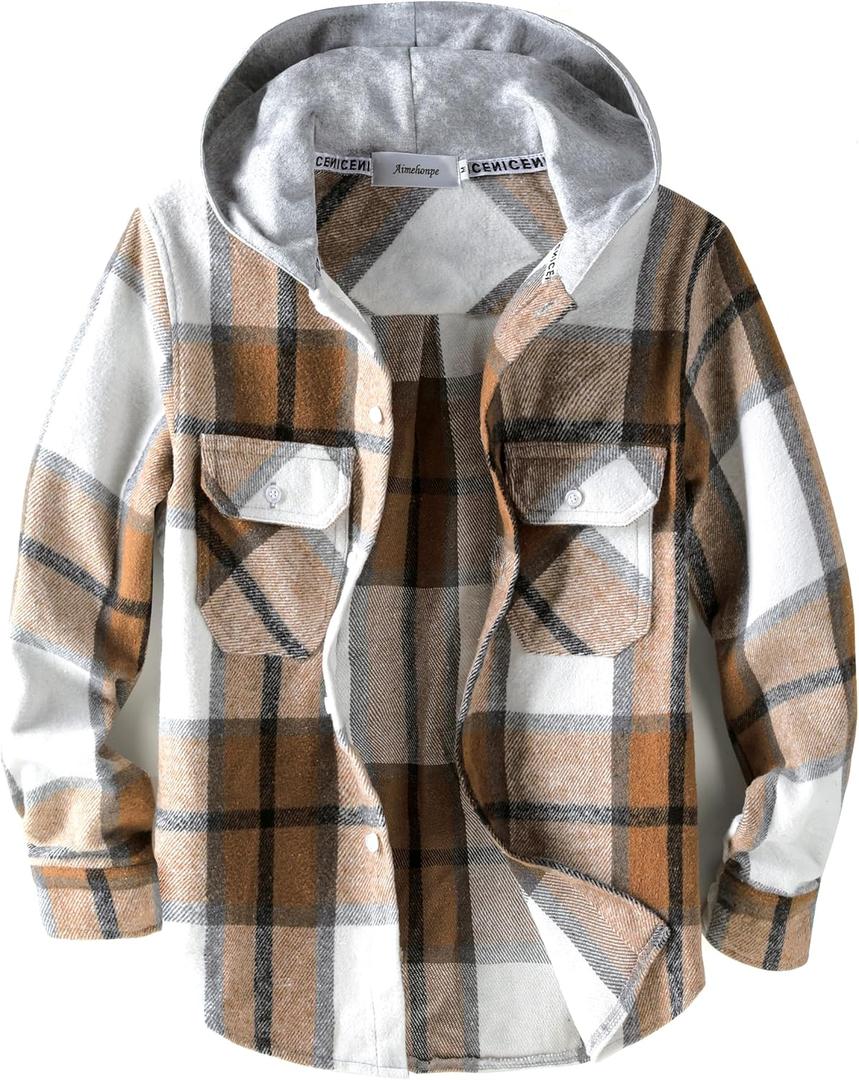 Boys Girls Casual Flannel Plaid Hoodies Fall Fashion Button Down Shirts Long Sleeve Cute Lightweight Jacket Coats (7-8 Years, Dark Khaki Blue)