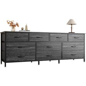 Huuger 63 Inch Dresser for Bedroom, Long Dresser with 10 Fabric Drawers, Large TV Stand for 55, 65, 70 Inch TV, Toy Storage Organizer for Closet, Charcoal Black Wood Grain Print