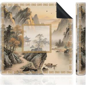 Chinoiserie Mahjong Mat for Table, Traditional Asian Chinese Pavilion Mountain Landscape 31.5" x 31.5" Non-Slip & Noise Reduction Mahjong Mat for Poker Dominoes Cards & Board Games