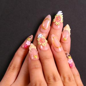 Spring Press On Nails - Maglfell Medium Almond 3D False Nails Women Reusable Finger Printed Nail Tips French Salon Design Artificial nails press ons