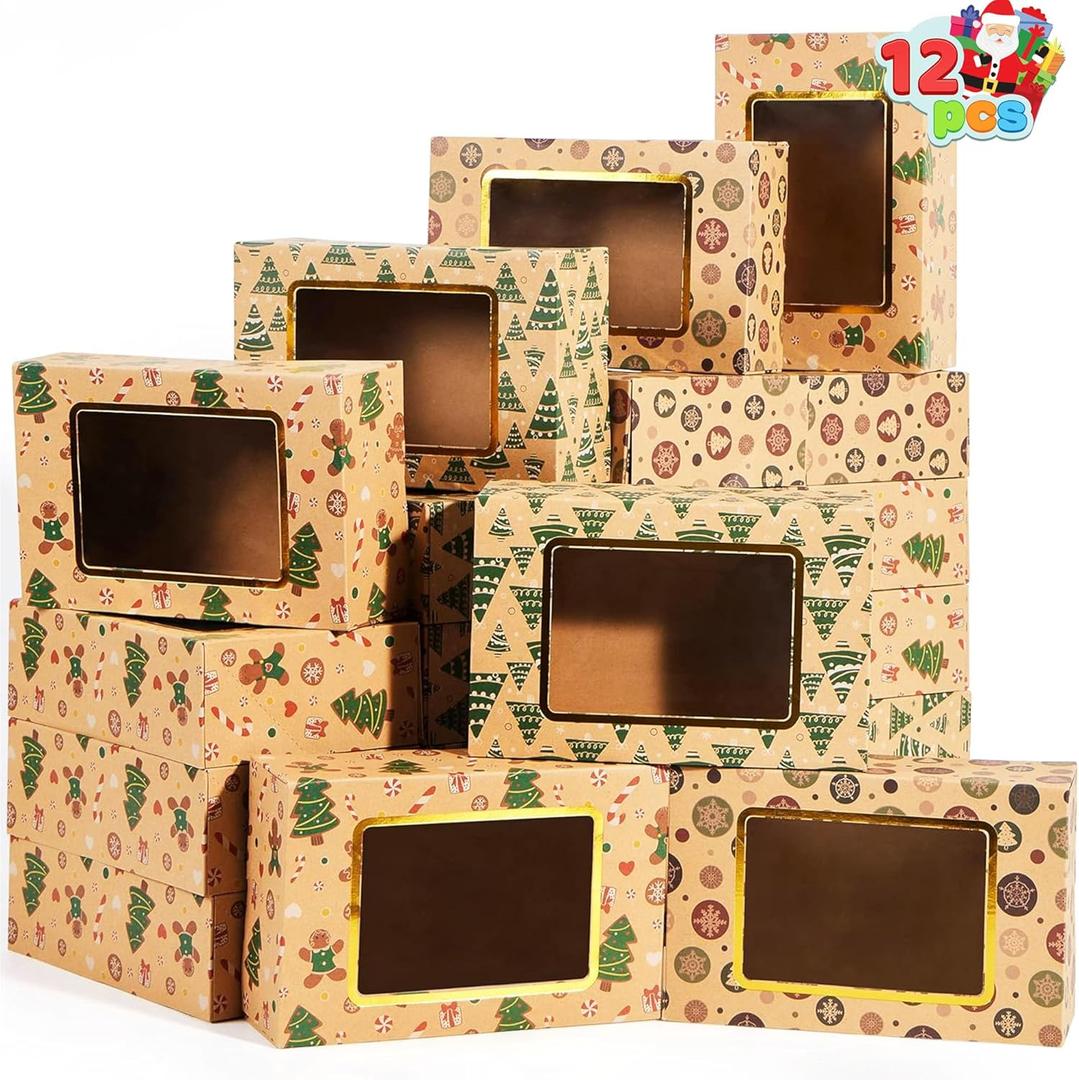 JOYIN 24 PCS Foiled Christmas Cookie Boxes for Gift Giving, 8.75" x 5.75" x 2.75 Bakery Boxes with Window, 3 Design Brown Kraft Cardboard Treat Box for Xmas Holiday Pastries Cupcakes Doughnut Wrap