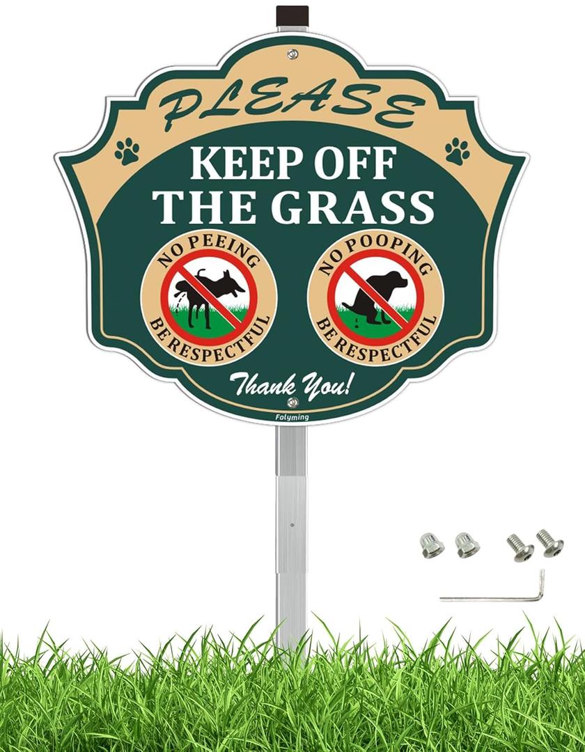 No Peeing and No Pooping Dog Sign, No Dog Poop Pee Sign for Yard with Stake 12" x 10", Please Keep Off The Grass Heavy Duty Aluminum Metal Sign Fade Resistant Reflective